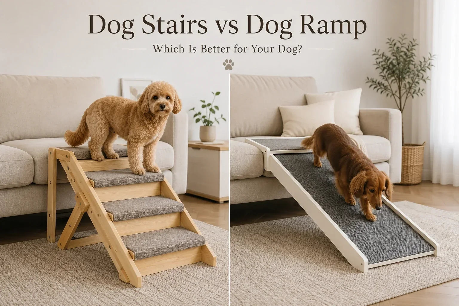 Dog stairs and dog ramp beside a sofa, showing two options to help dogs reach raised furniture