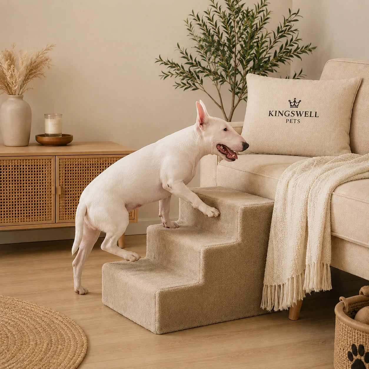 Dog using pet steps for easier access to a sofa at home