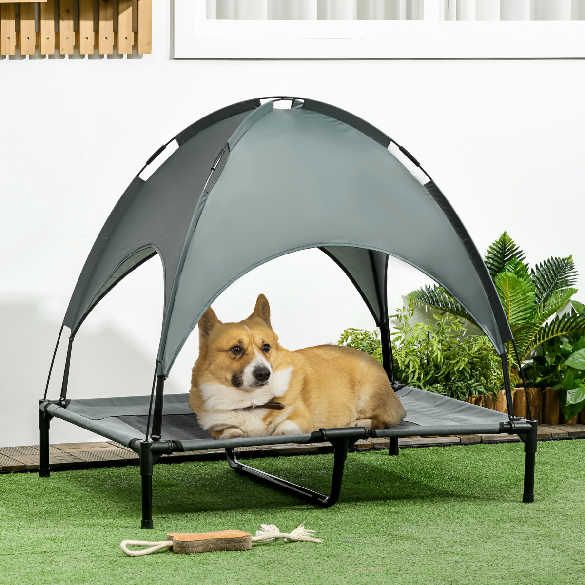 92 cm Elevated Dog Bed Cooling Raised Pet Cot UV Protection Canopy Grey Pawhut