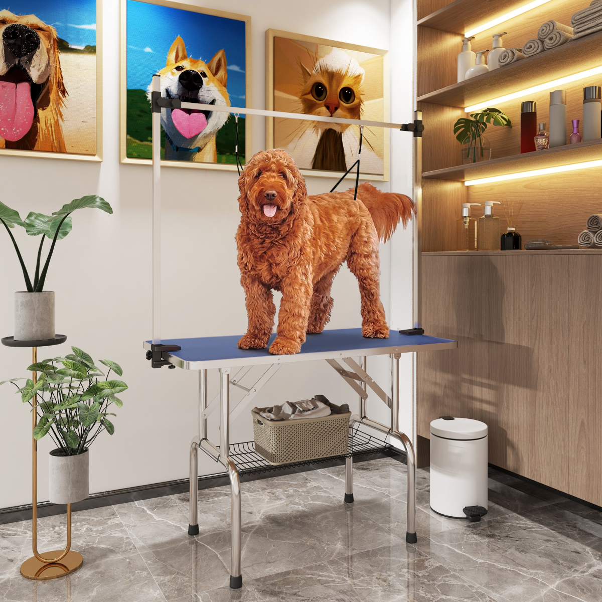 Metal Adjustable Dog Grooming Table Rubber Top 2 Safety Slings Mesh Pawhut