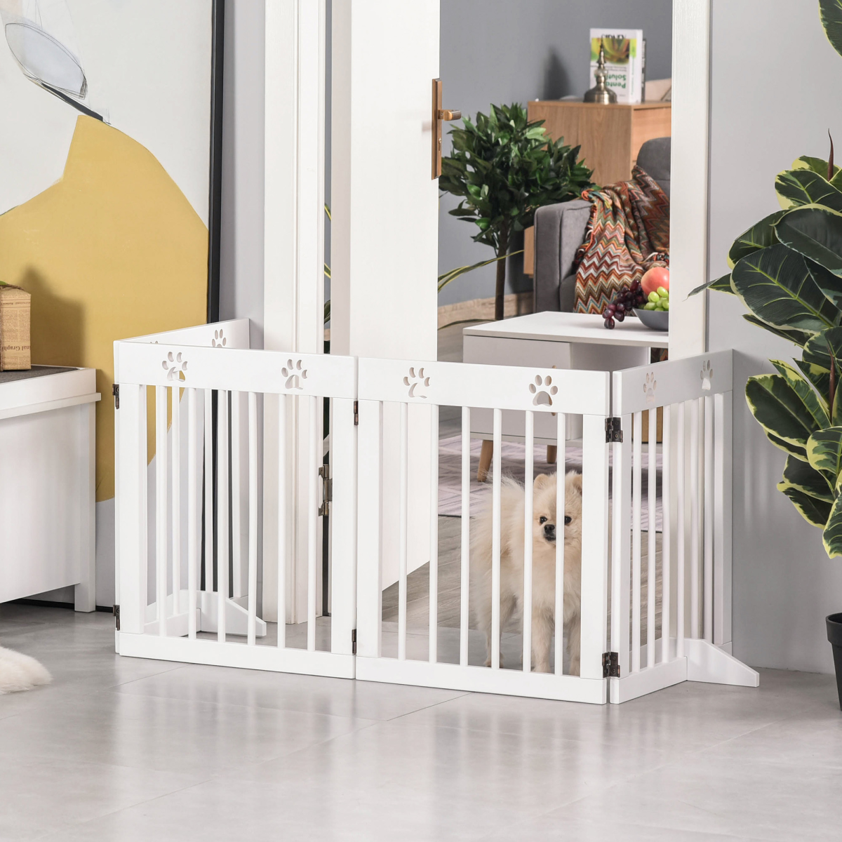Freestanding Pet Gate 4 Panel Folding Wooden Dog Barrier w/ Support Feet