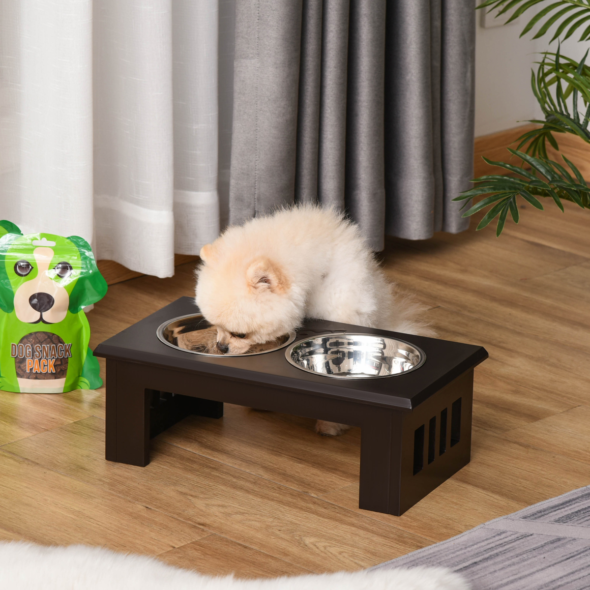 Raised Dog Bowls Pet Feeder Elevated Double Stainless Steel Water Brown Pawhut