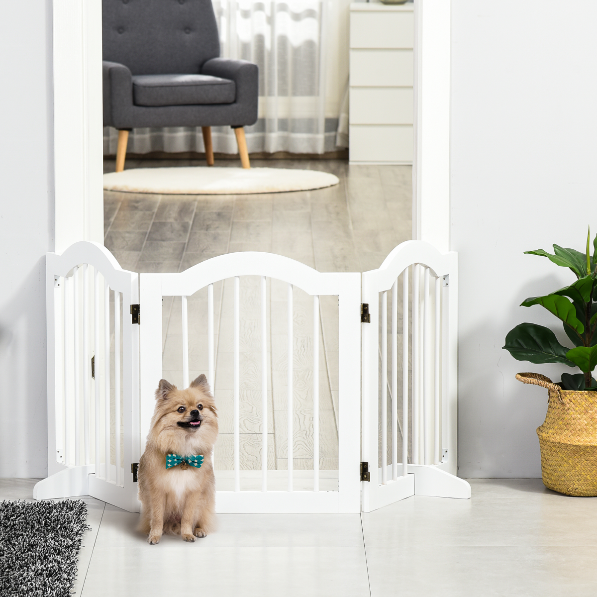 3 Panels Dog Gate w/ Support Feet Fence Safety Barrier Freestanding Wood White