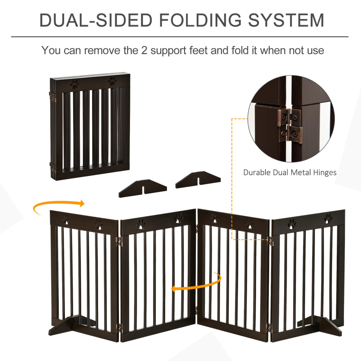 Freestanding Pet Gate 4 Panel Folding Wooden Dog Barrier w/ Support Feet