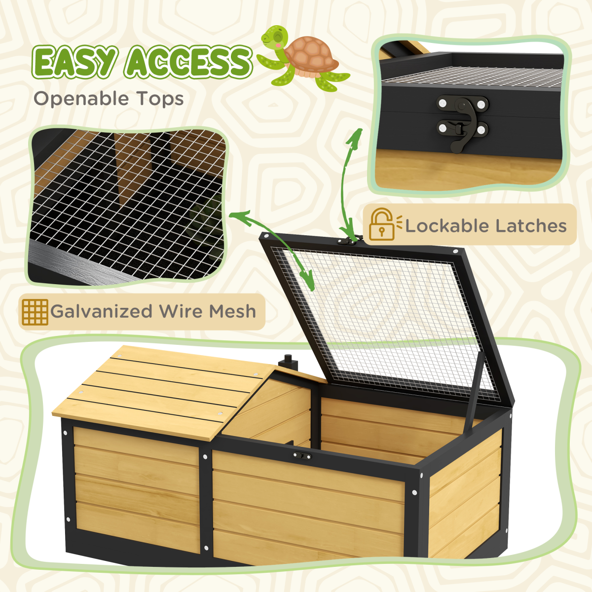 PawHut Wooden Tortoise House, Small Pet Reptile with Hide Shelter Den and Run