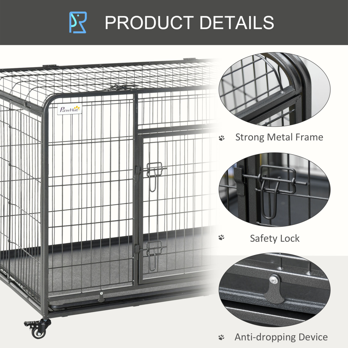 81x125cm Metal Dog Cage Kennel Locking Door & Wheels Extra Large Pets Pawhut