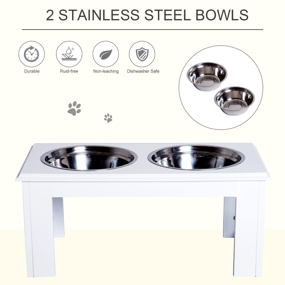 Raised Pet Feeder Elevated Double Stainless Steel Bowls Stand, Anti-Slip Base, Water White