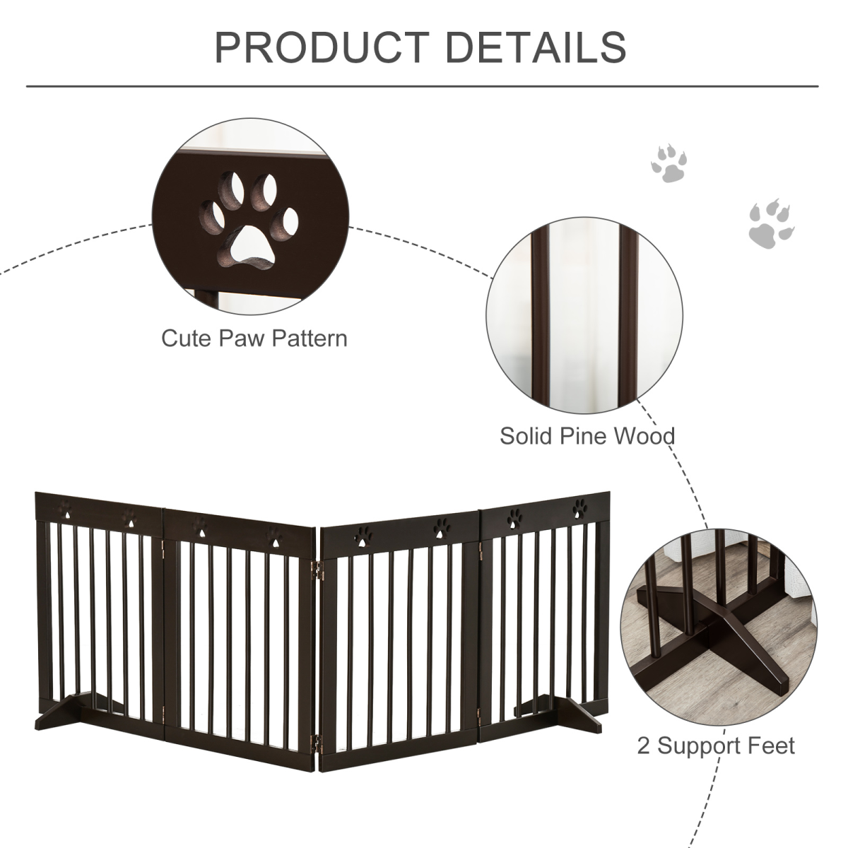 Freestanding Pet Gate 4 Panel Folding Wooden Dog Barrier w/ Support Feet