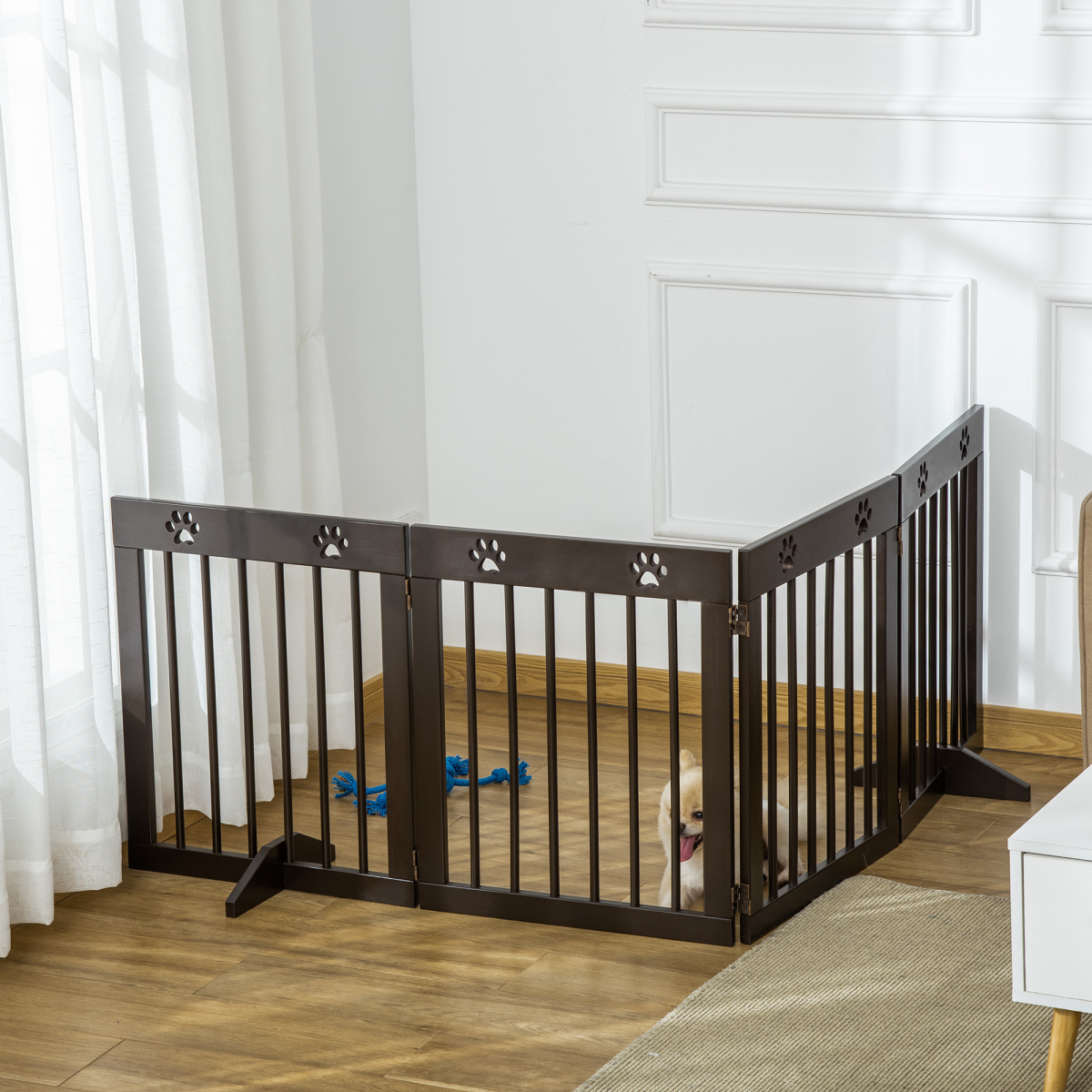 Freestanding Pet Gate 4 Panel Folding Wooden Dog Barrier w/ Support Feet