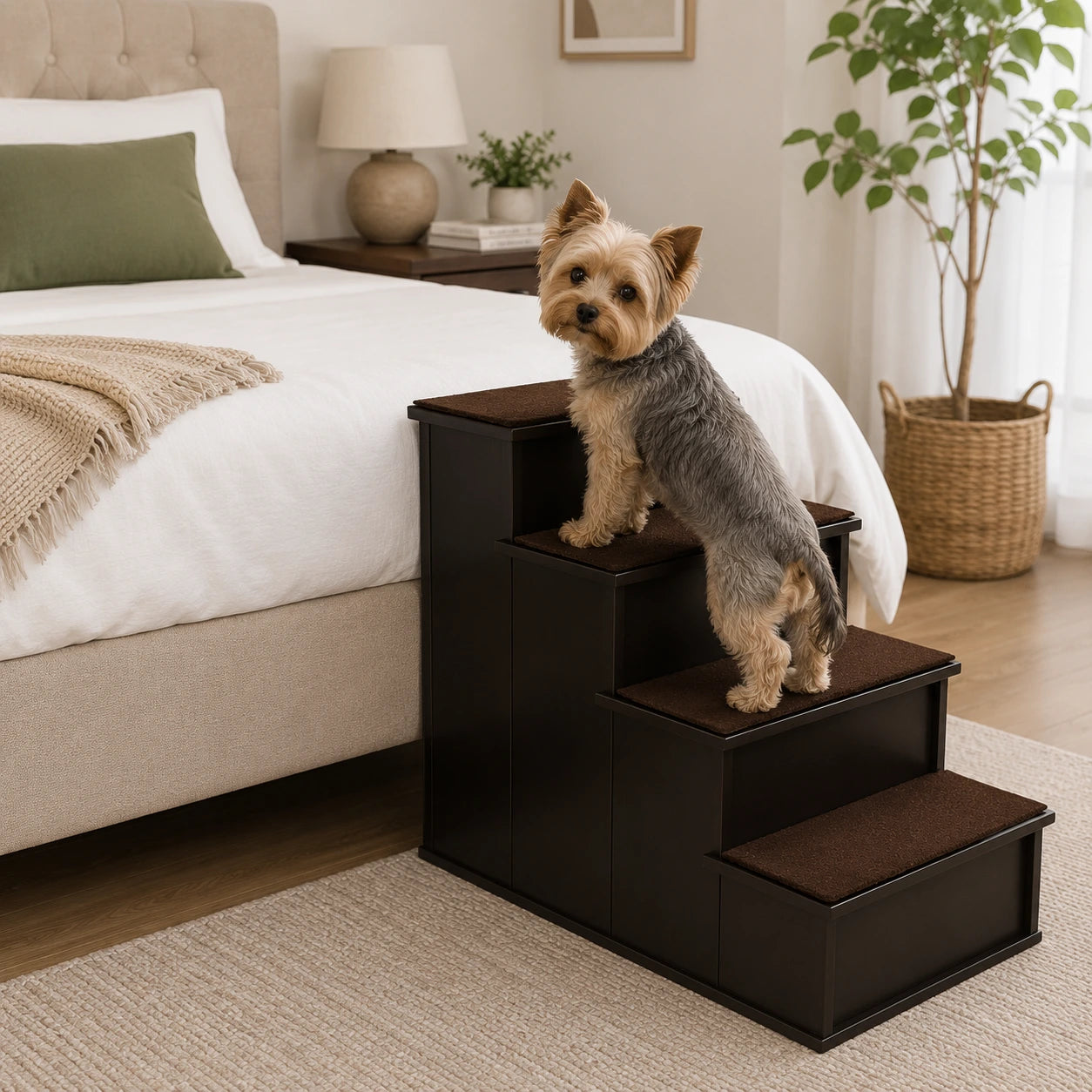 Dark brown four-step wooden dog stairs with plush covers