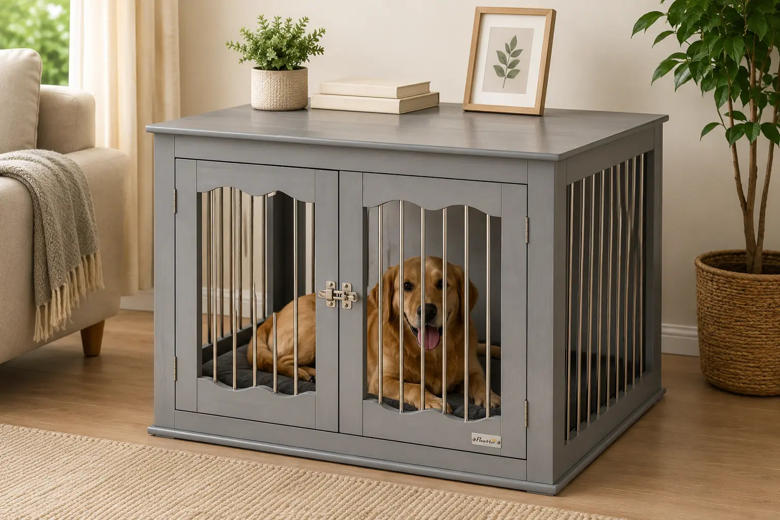 Grey Furniture-Style Dog Crate End Table with Three Doors