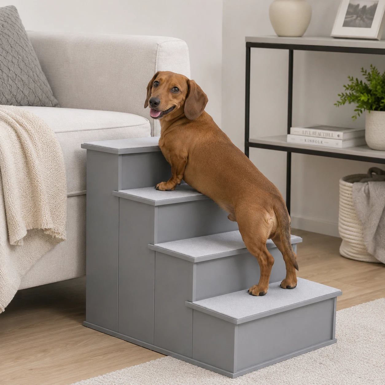 Grey 4-Step Dog Stairs for Beds and Sofas