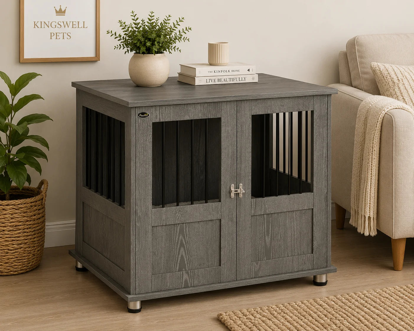 Grey Dog Crate Furniture End Table with Magnetic Double Doors