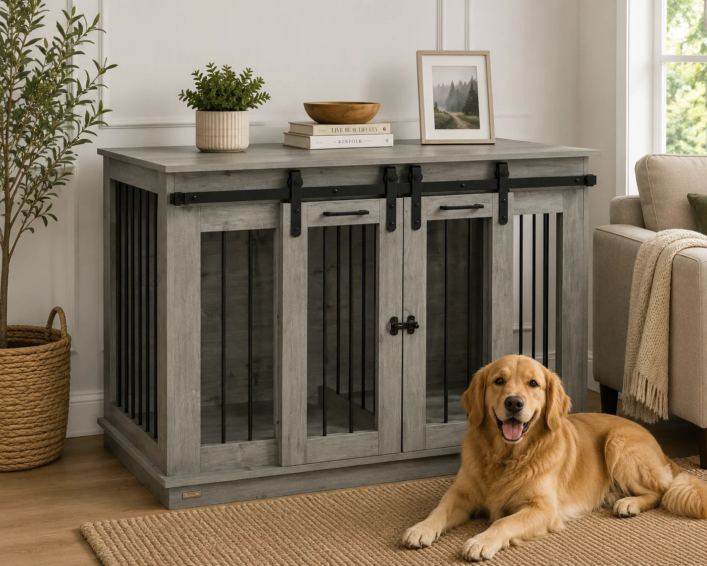 Grey Double Dog Crate Furniture with Removable Divider