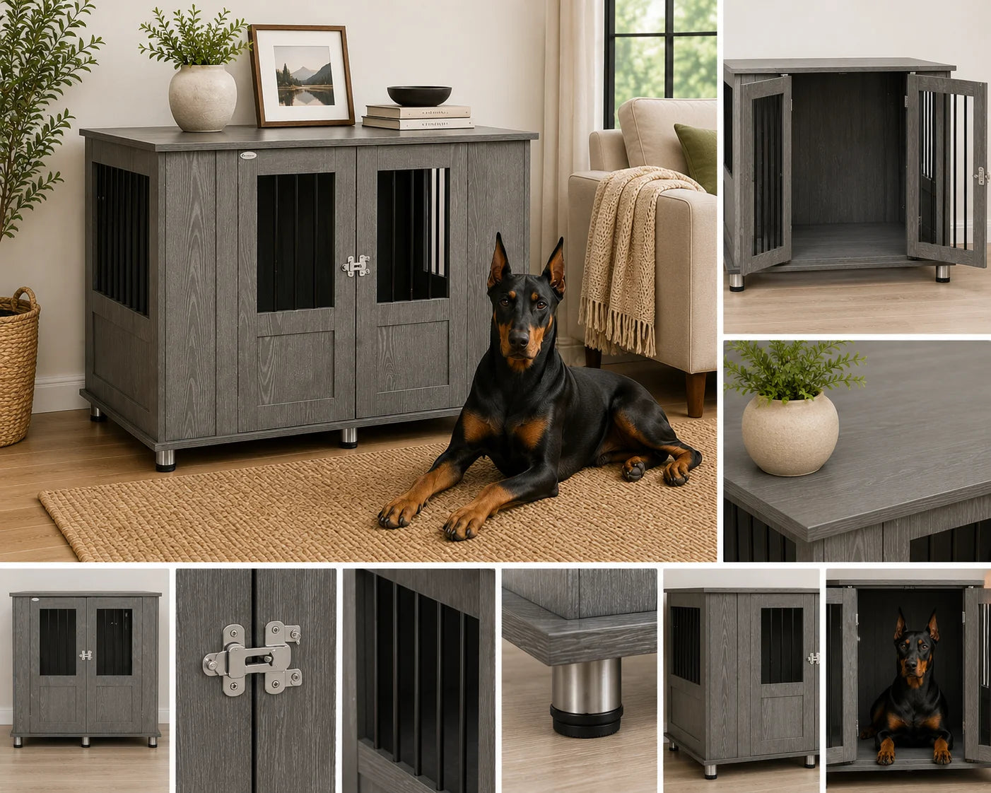 Grey Dog Crate End Table with Magnetic Double Doors