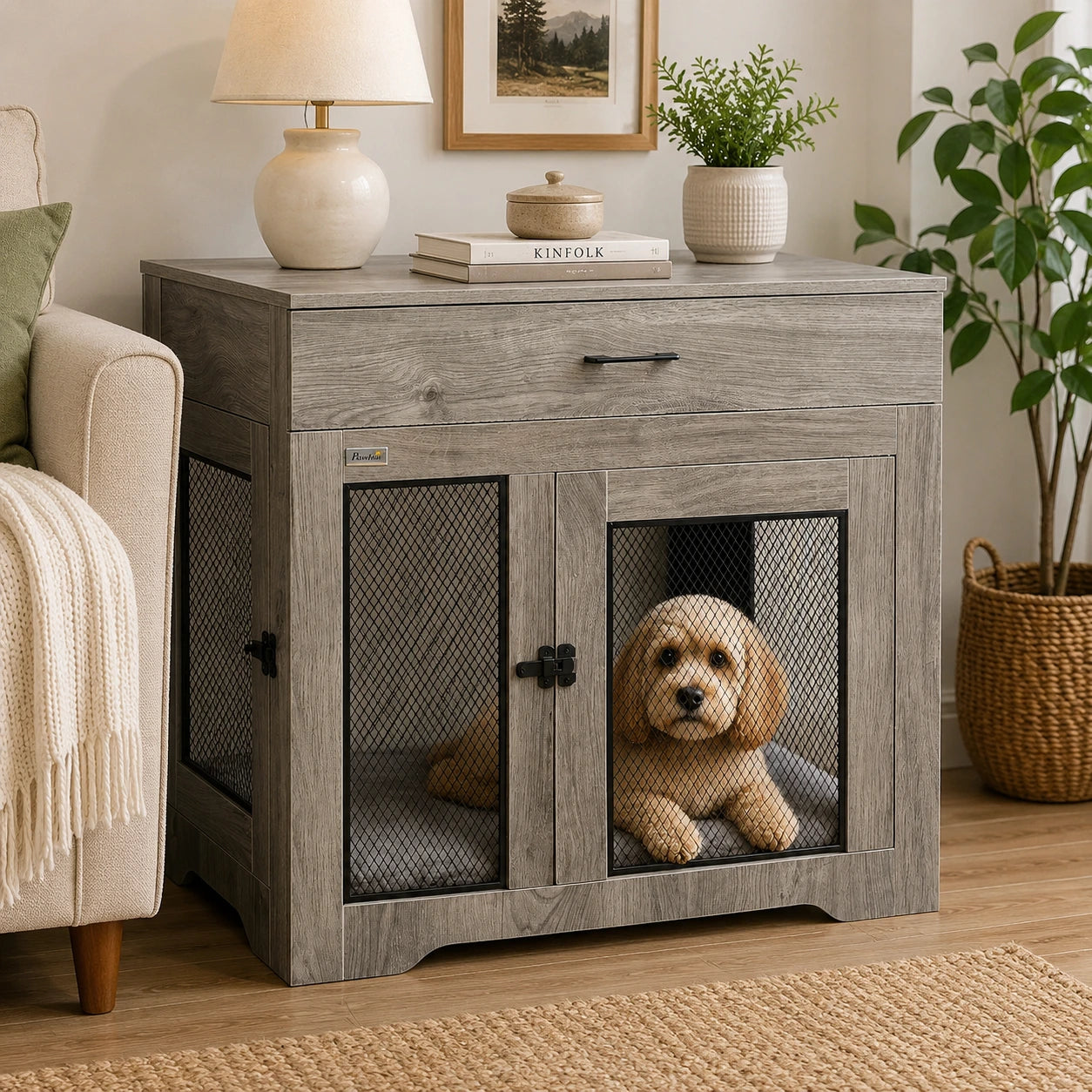 Grey Double-Door Dog Crate Side Table with Storage