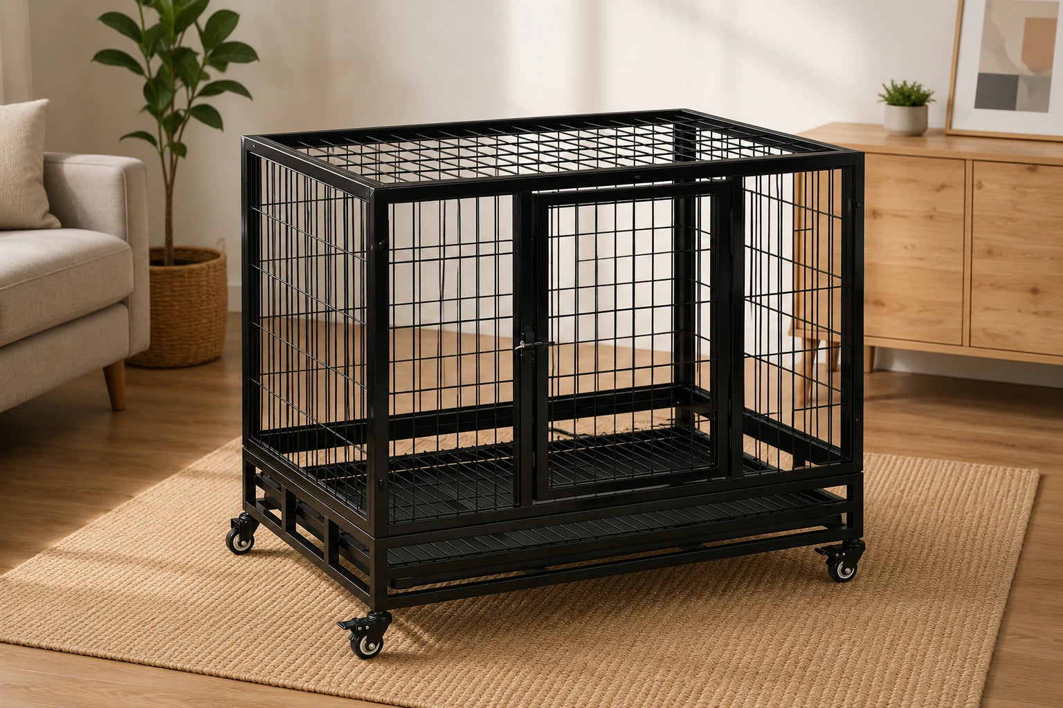 PawHut Heavy-Duty Dog Crate with Wheels and Removable Tray – Black