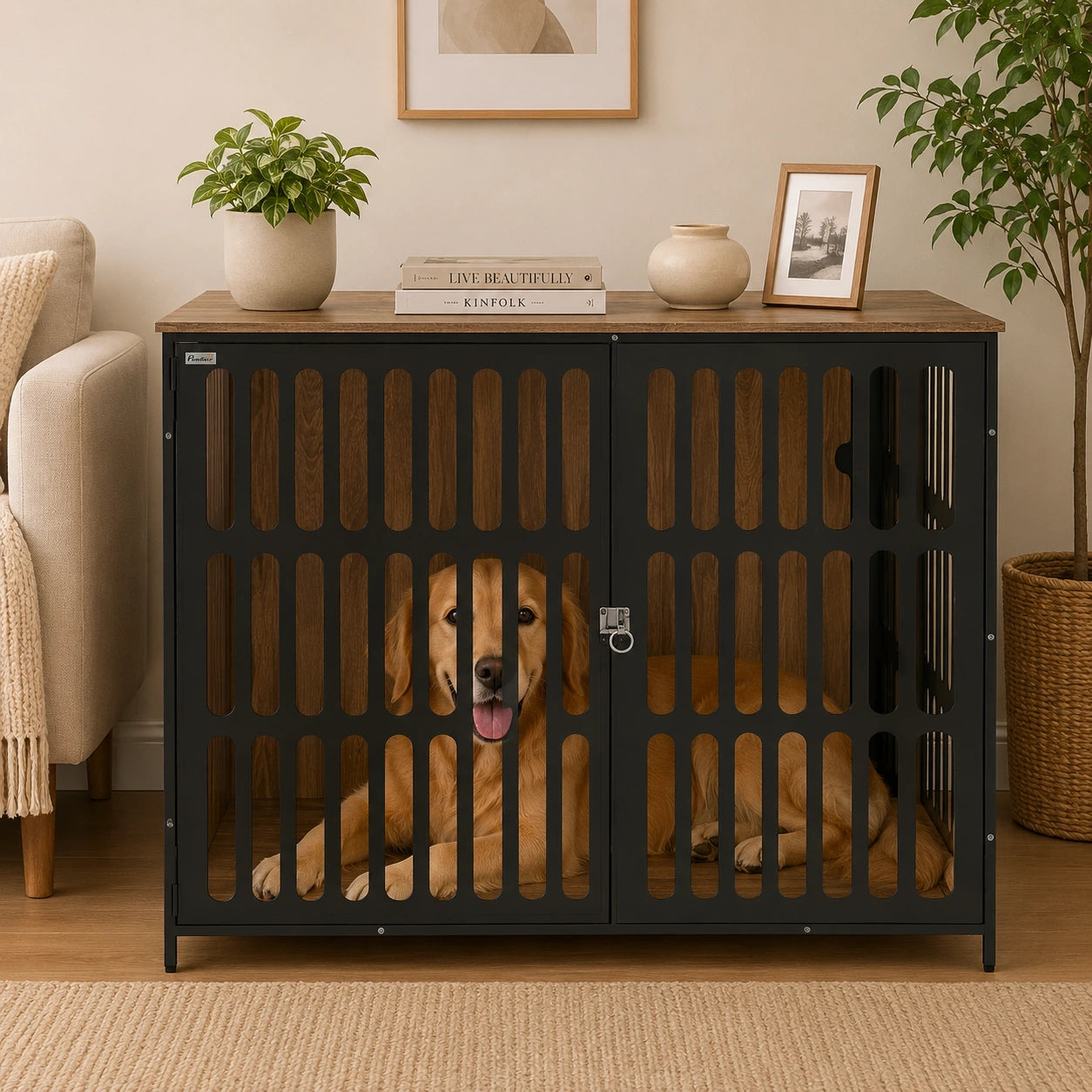Furniture Dog Crate with Anti-Chew Mesh – Walnut Brown