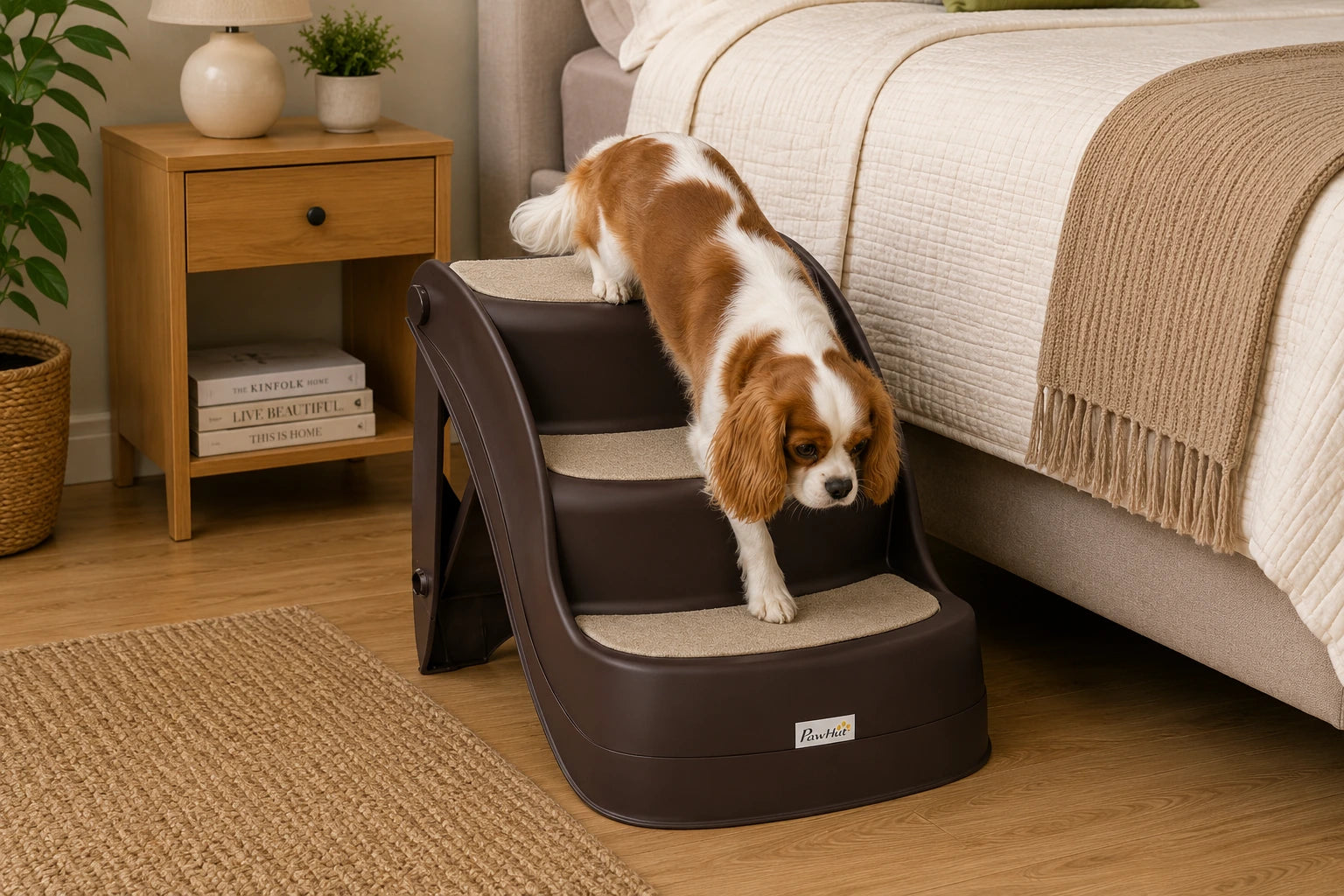 Three-Step Foldable Dog Stairs with Non-Slip Mats – Brown