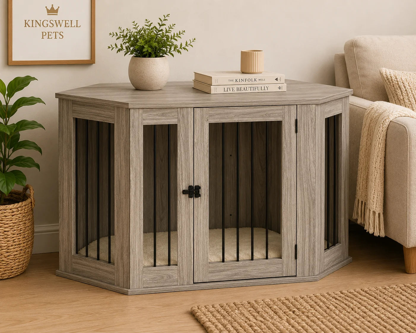 Walnut Brown Dog Crate Furniture with Cushion and Large Door