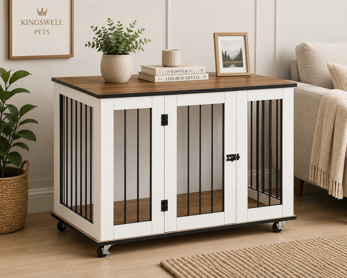 White Dog Crate End Table with Lockable Door and Wheels