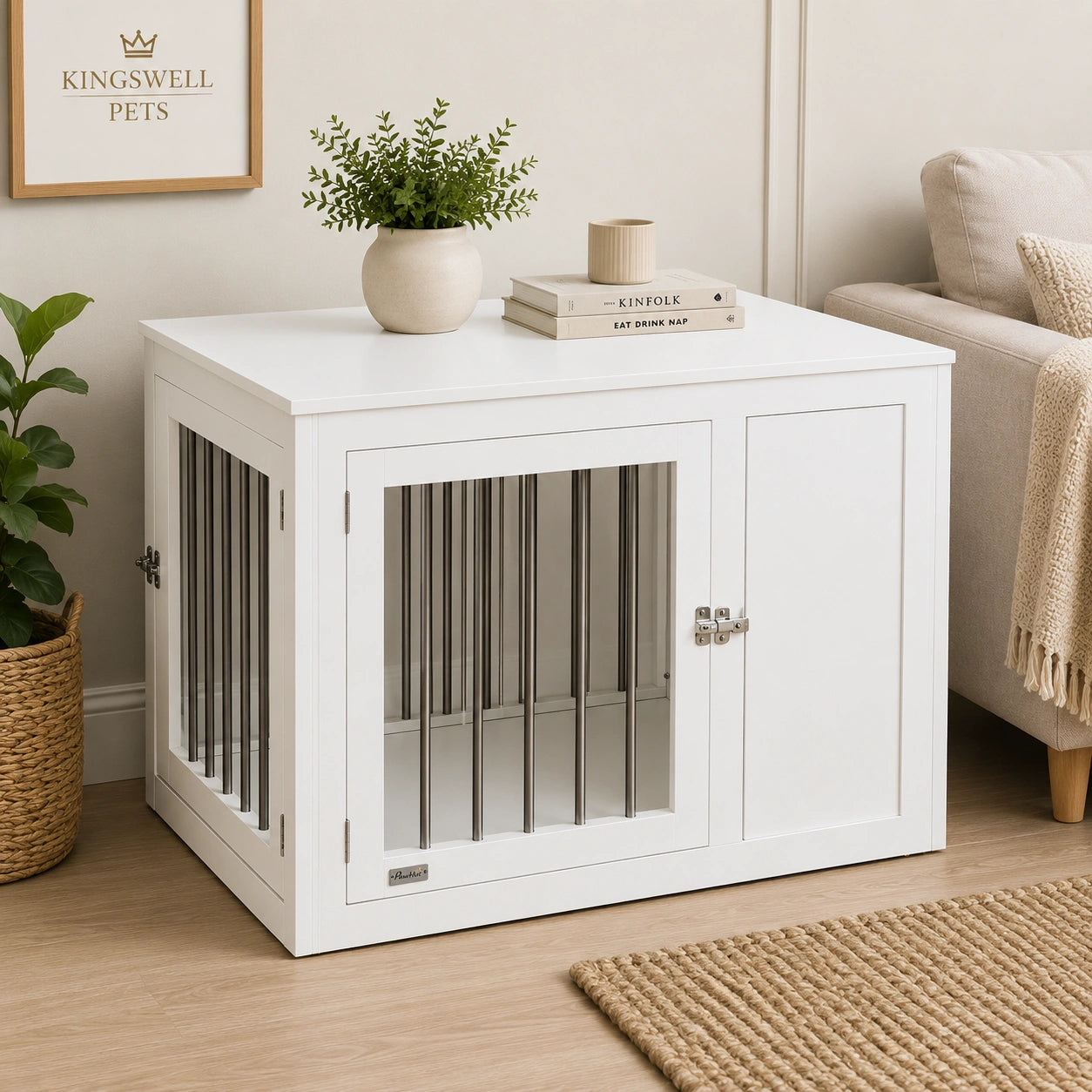 White Furniture-Style Dog Crate End Table with Two Doors