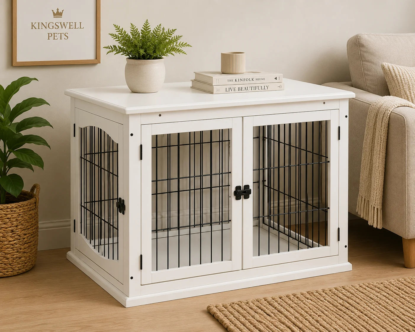 White Wooden Dog Crate End Table with Lockable Door