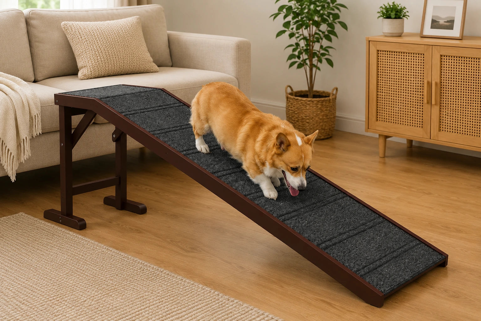 Wooden Dog Ramp with Non-Slip Carpet and Top Platform – White & Grey