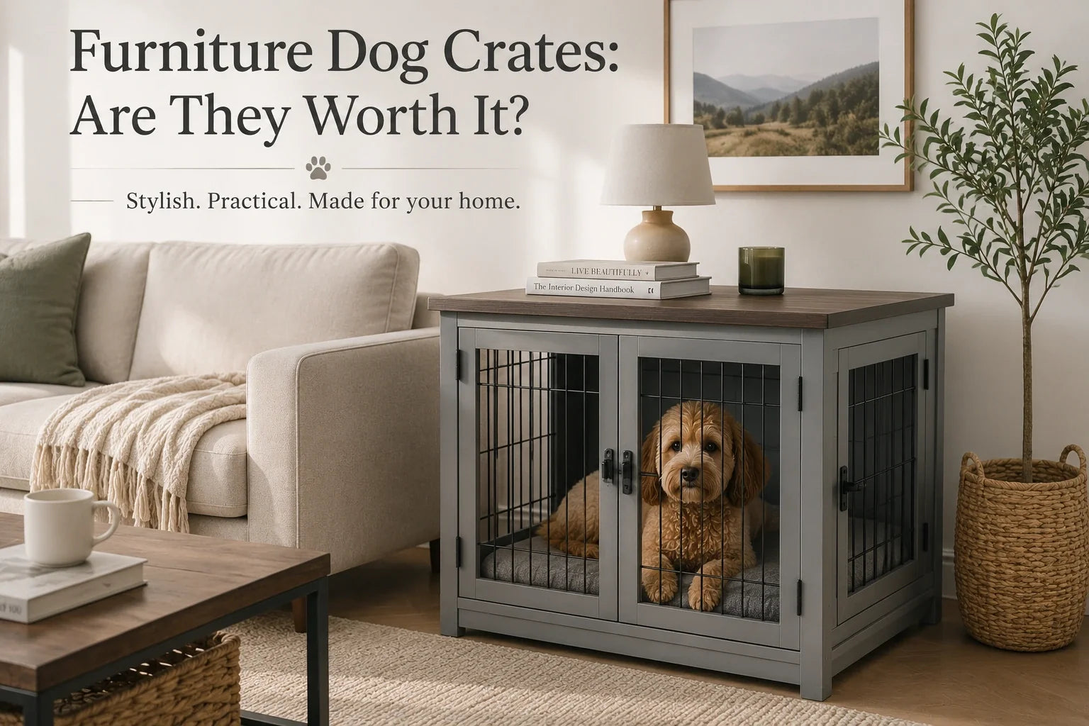 Furniture-style dog crate used as a side table in a modern living room, with a dog resting comfortably inside.