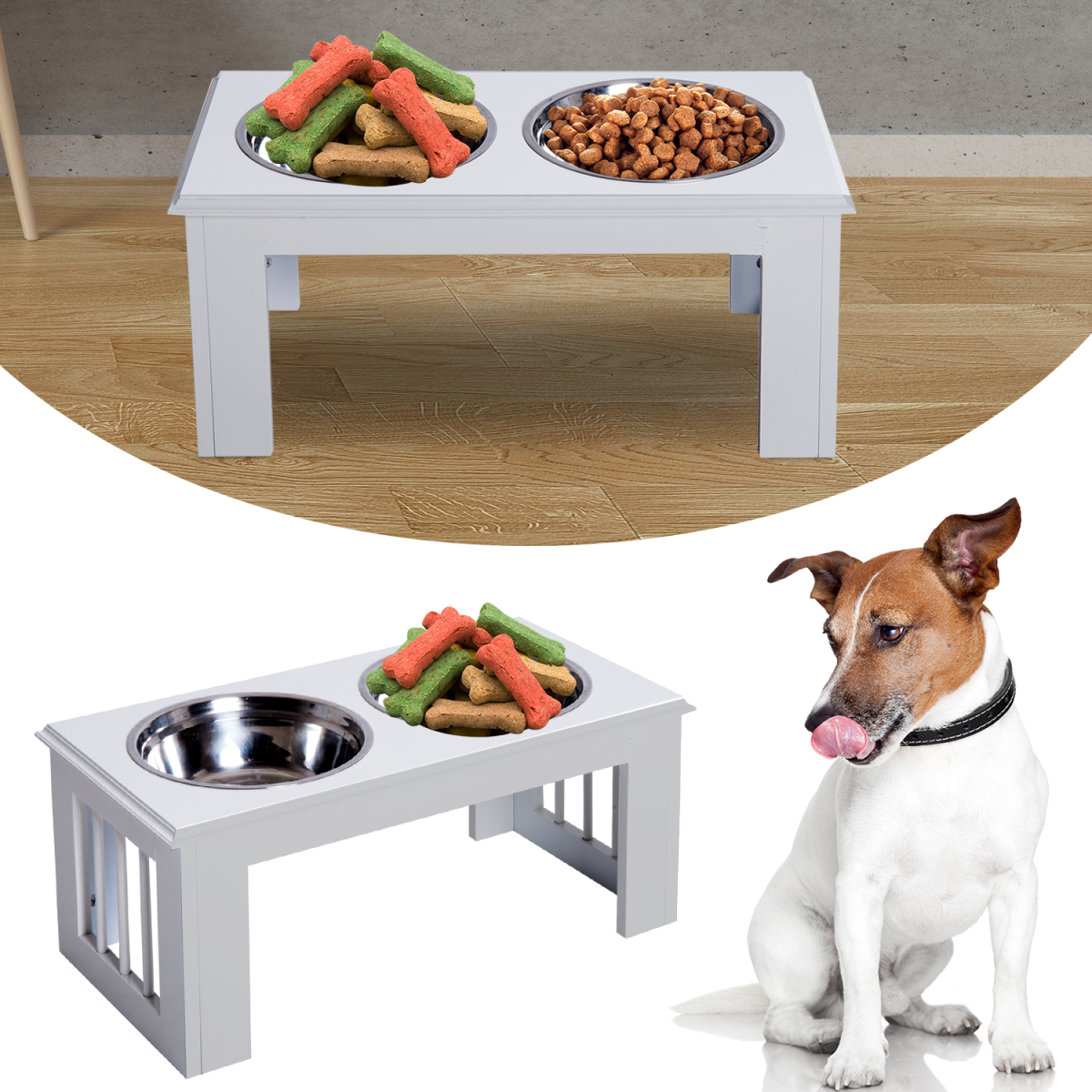 Raised Pet Feeder Elevated Double Stainless Steel Bowls Stand, Anti-Slip Base, Water White