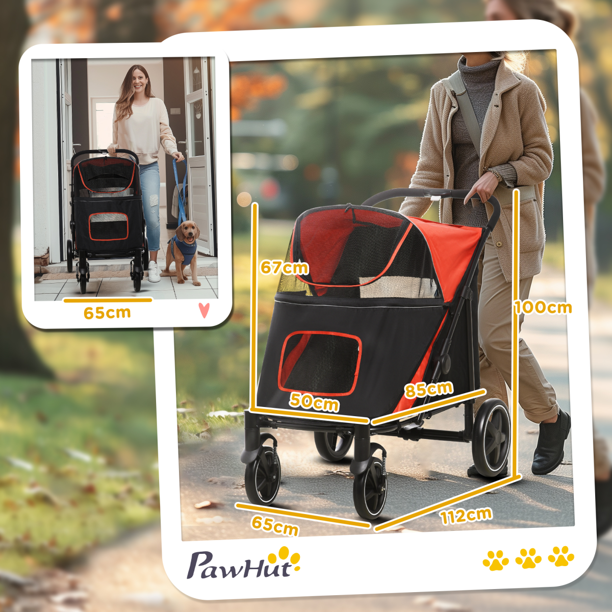 PawHut Foldable Dog Carriage w/ Universal Wheels, Shock Absorber - Red
