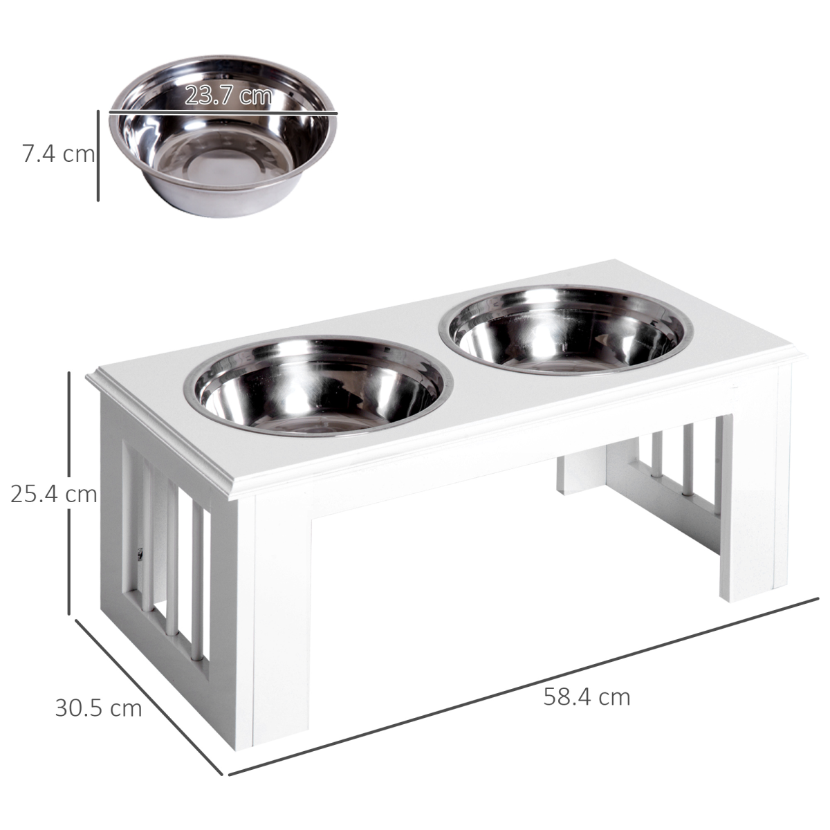 Raised Pet Feeder Elevated Double Stainless Steel Bowls Stand, Anti-Slip Base, Water White