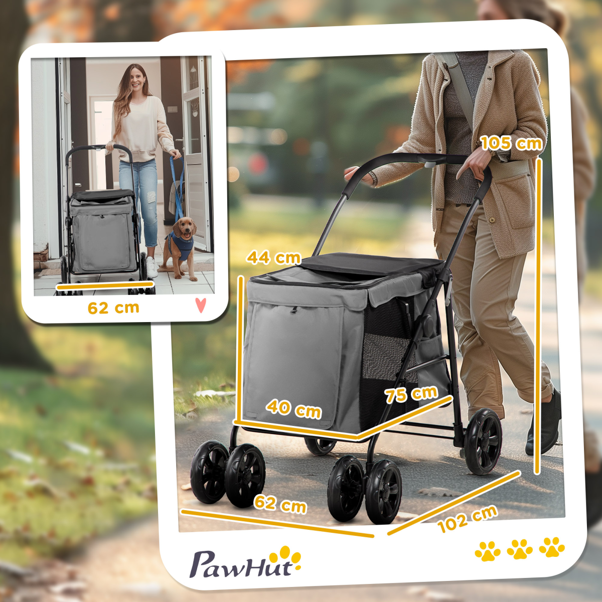PawHut One-click Foldable Pet Stroller w/ Mesh Windows, for Small Pets - Grey