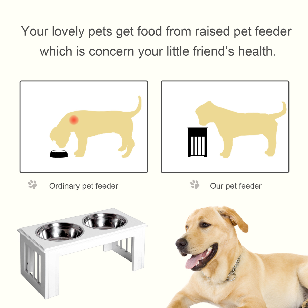 Raised Pet Feeder Elevated Double Stainless Steel Bowls Stand, Anti-Slip Base, Water White