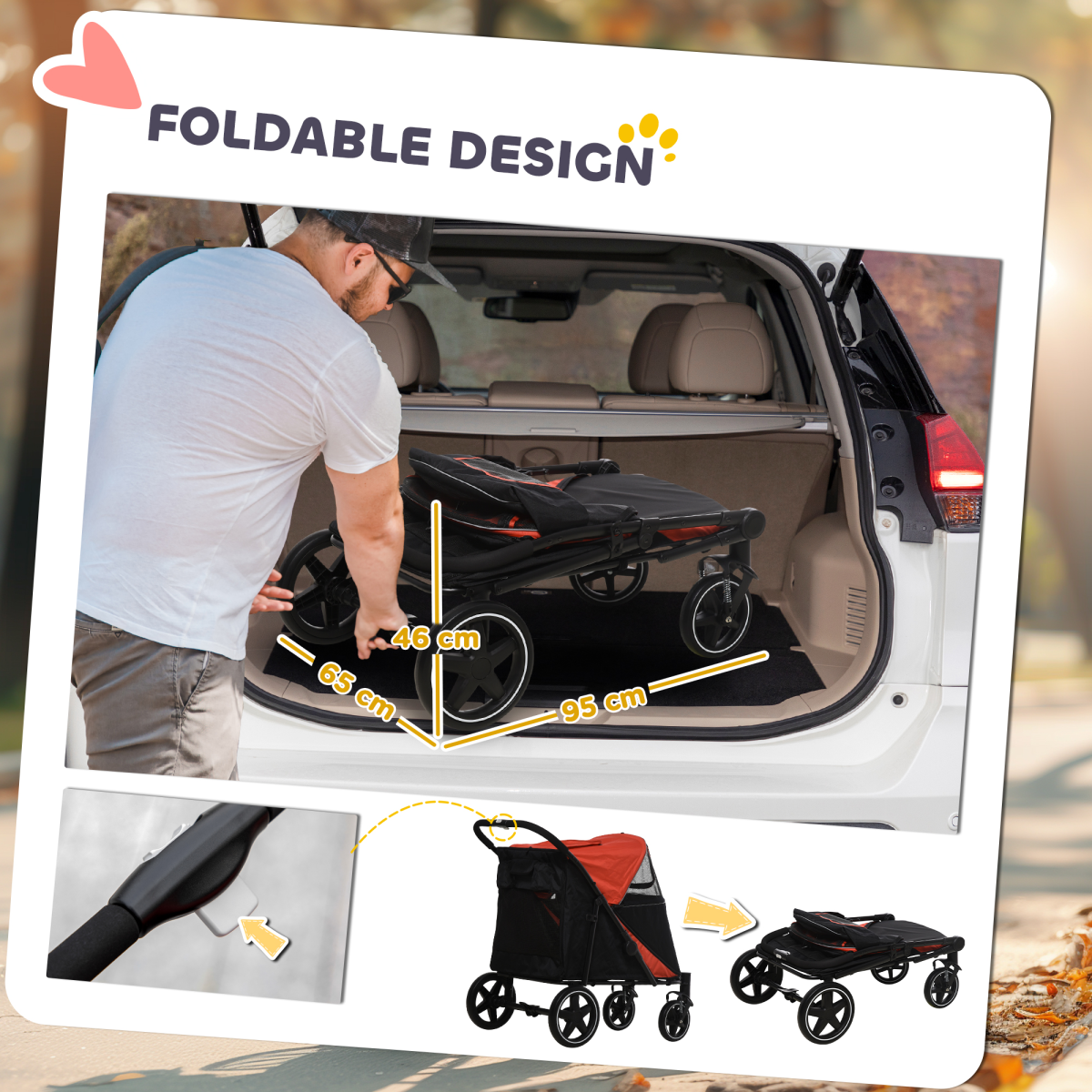 PawHut Foldable Dog Carriage w/ Universal Wheels, Shock Absorber - Red