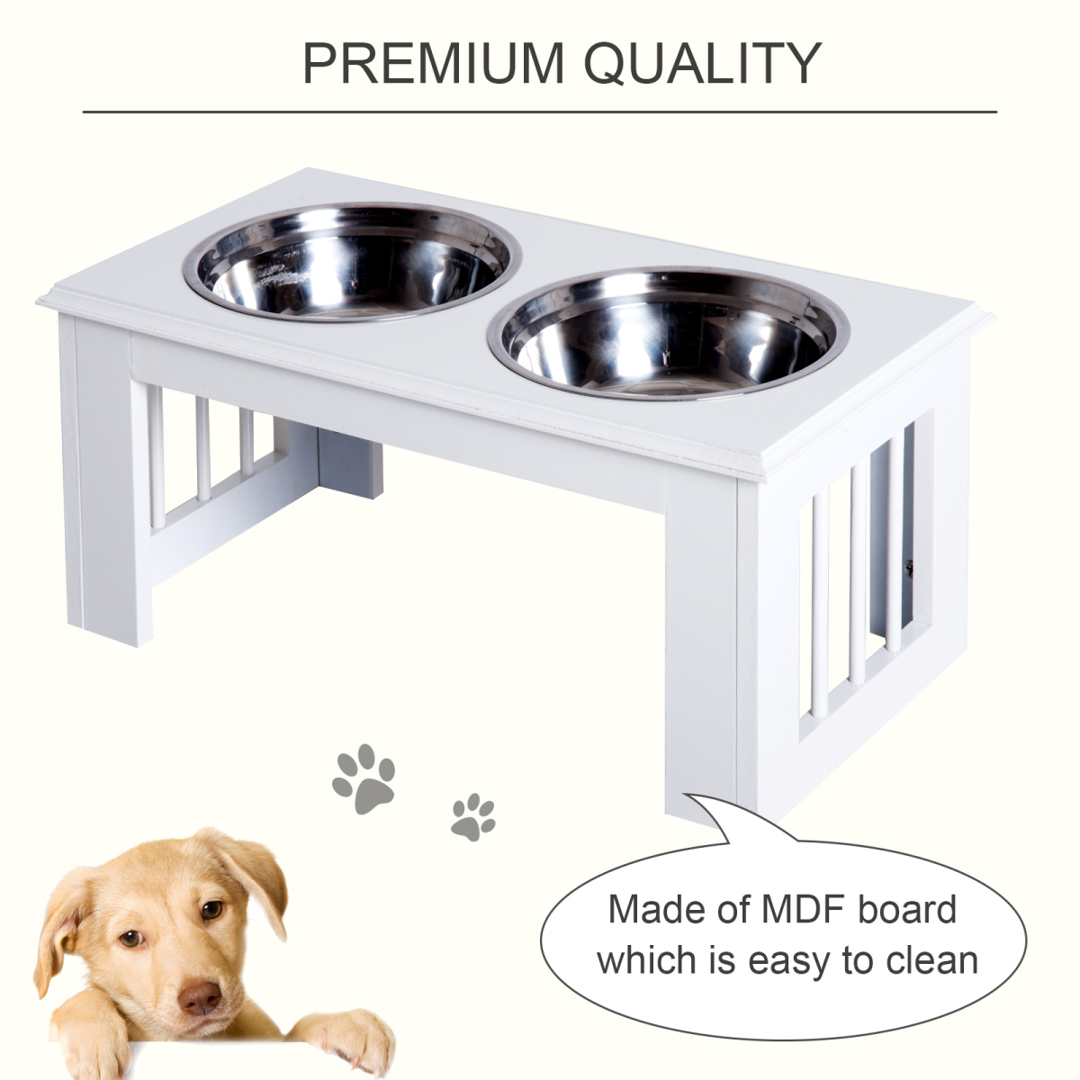 Raised Pet Feeder Elevated Double Stainless Steel Bowls Stand, Anti-Slip Base, Water White