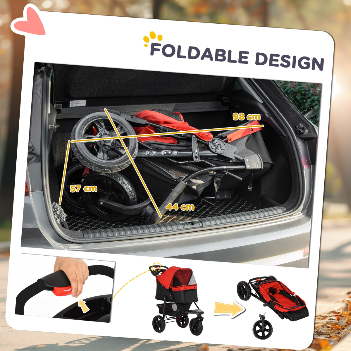 Folding 3 Wheel Pet Stroller Travel Adjustable Canopy Storage Brake Red Pawhut