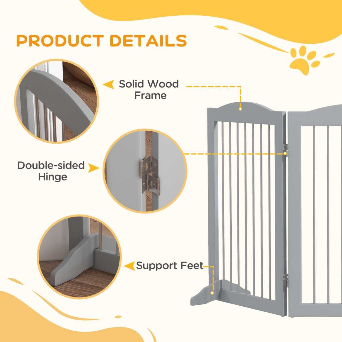 PawHut Foldable Dog Gate, Freestanding Pet Gate with Two Support Feet - Grey