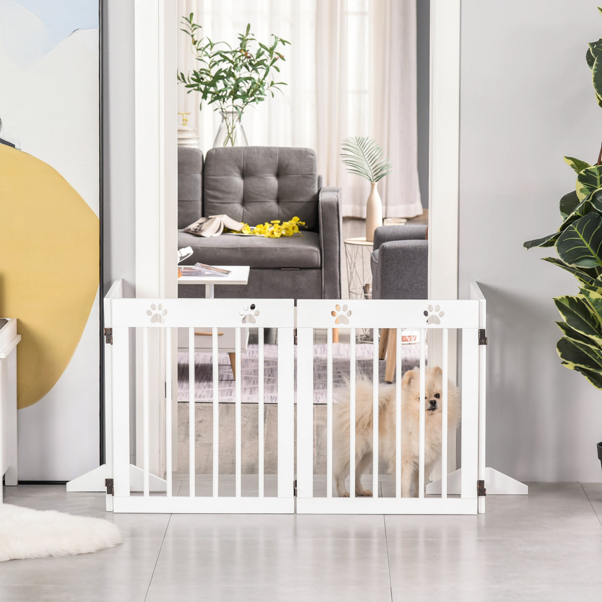Freestanding Pet Gate 4 Panel Folding Wooden Dog Barrier w/ Support Feet