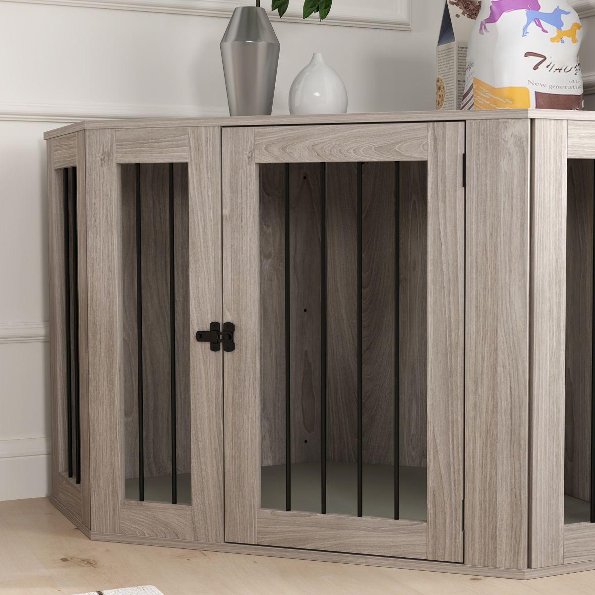 PawHut Dog Crate Furniture for Large Dogs w/ Cushion, Door - Walnut Brown