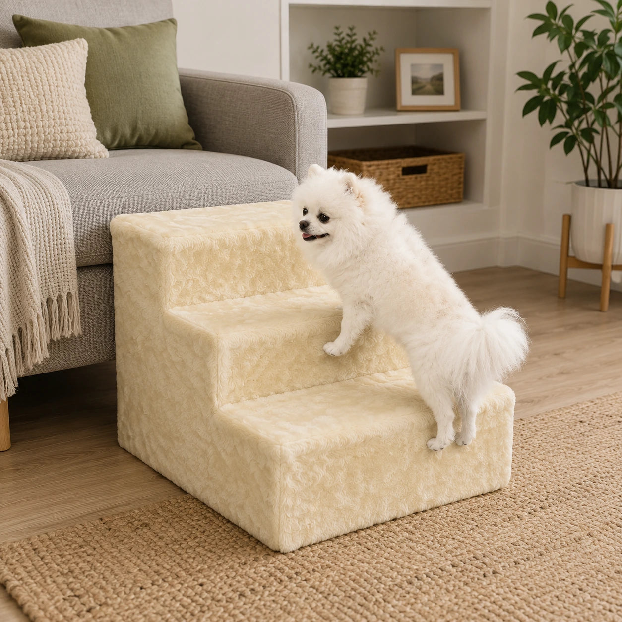 Beige 3-Step Dog Stairs with Washable Plush Cover