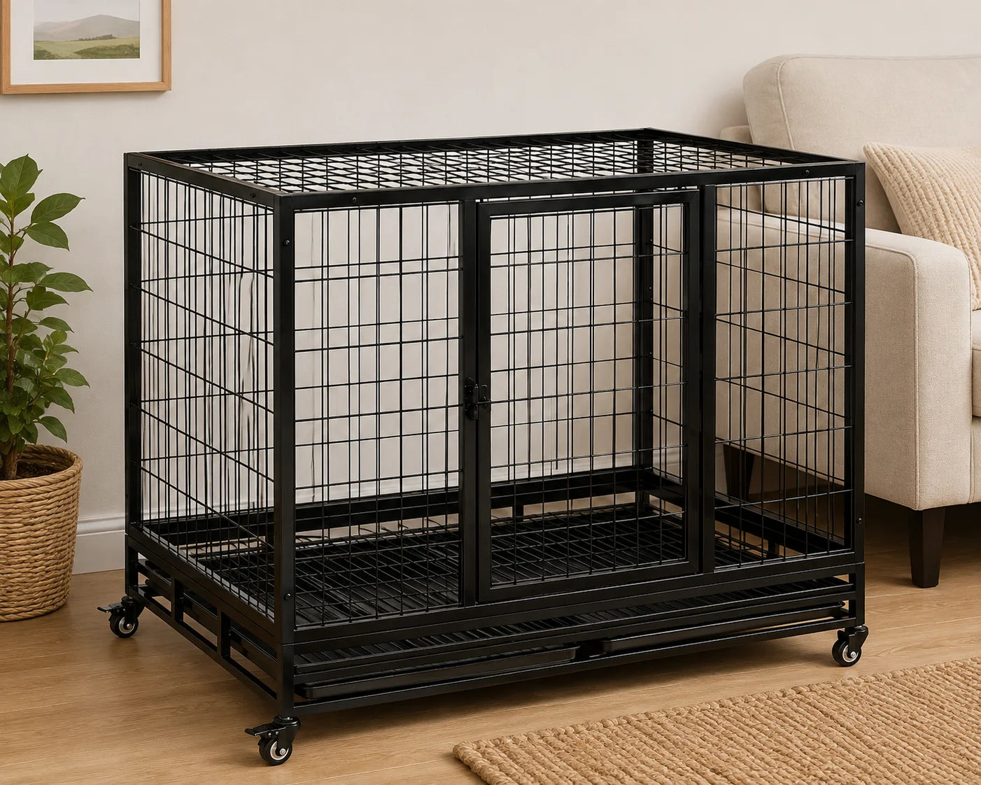 Black Heavy-Duty Dog Crate with Wheels and Removable Tray
