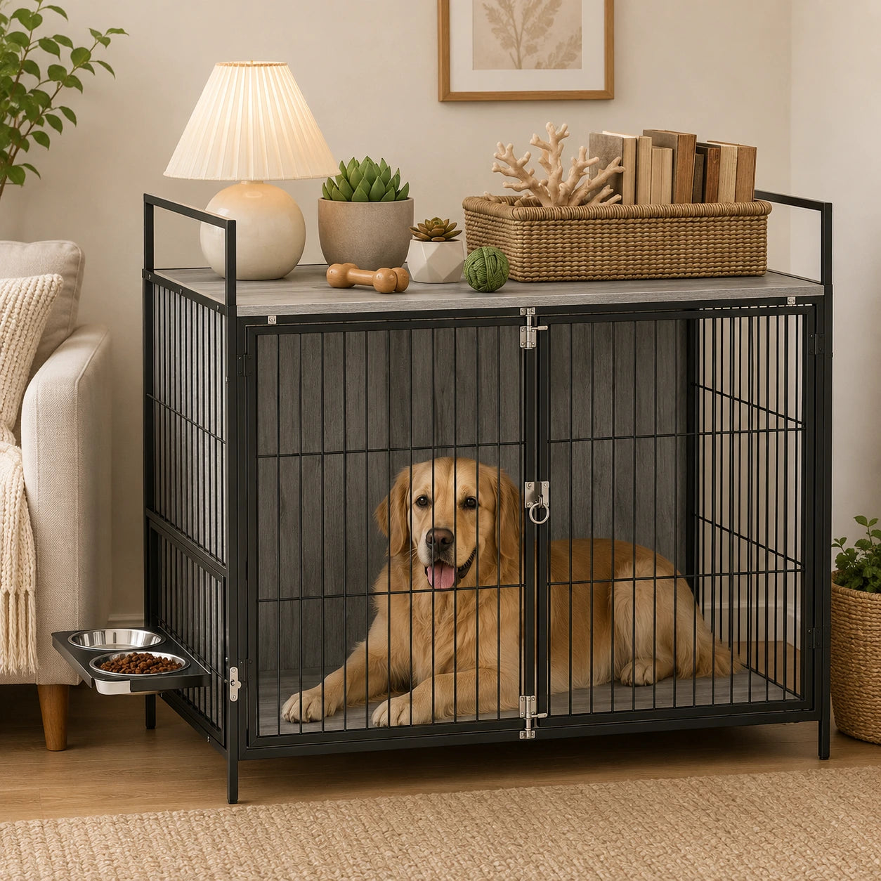 Furniture Dog Crate with Rotating Feeding Station – Grey