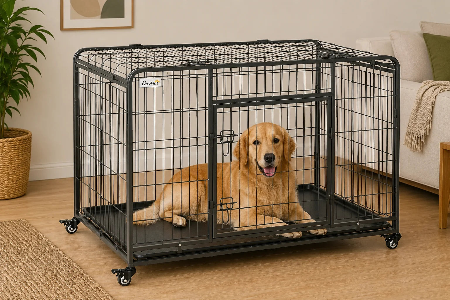 Extra-Large Metal Dog Crate with Locking Wheels and Removable Tray – Dark Grey