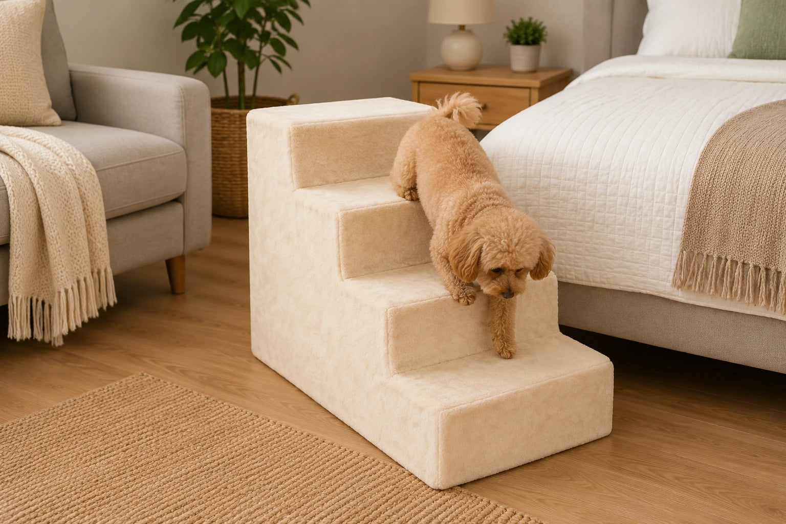 Four-Step Dog Stairs with Washable Plush Cover – Beige