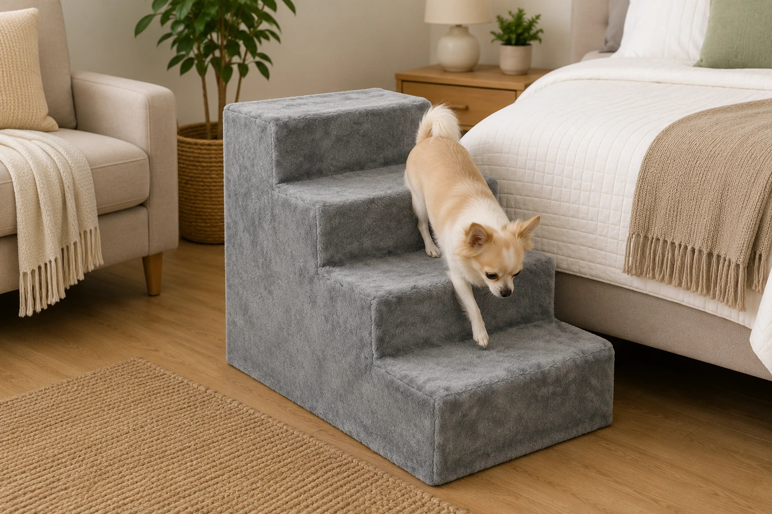 Four-Step Dog Stairs with Washable Plush Cover – Light Grey