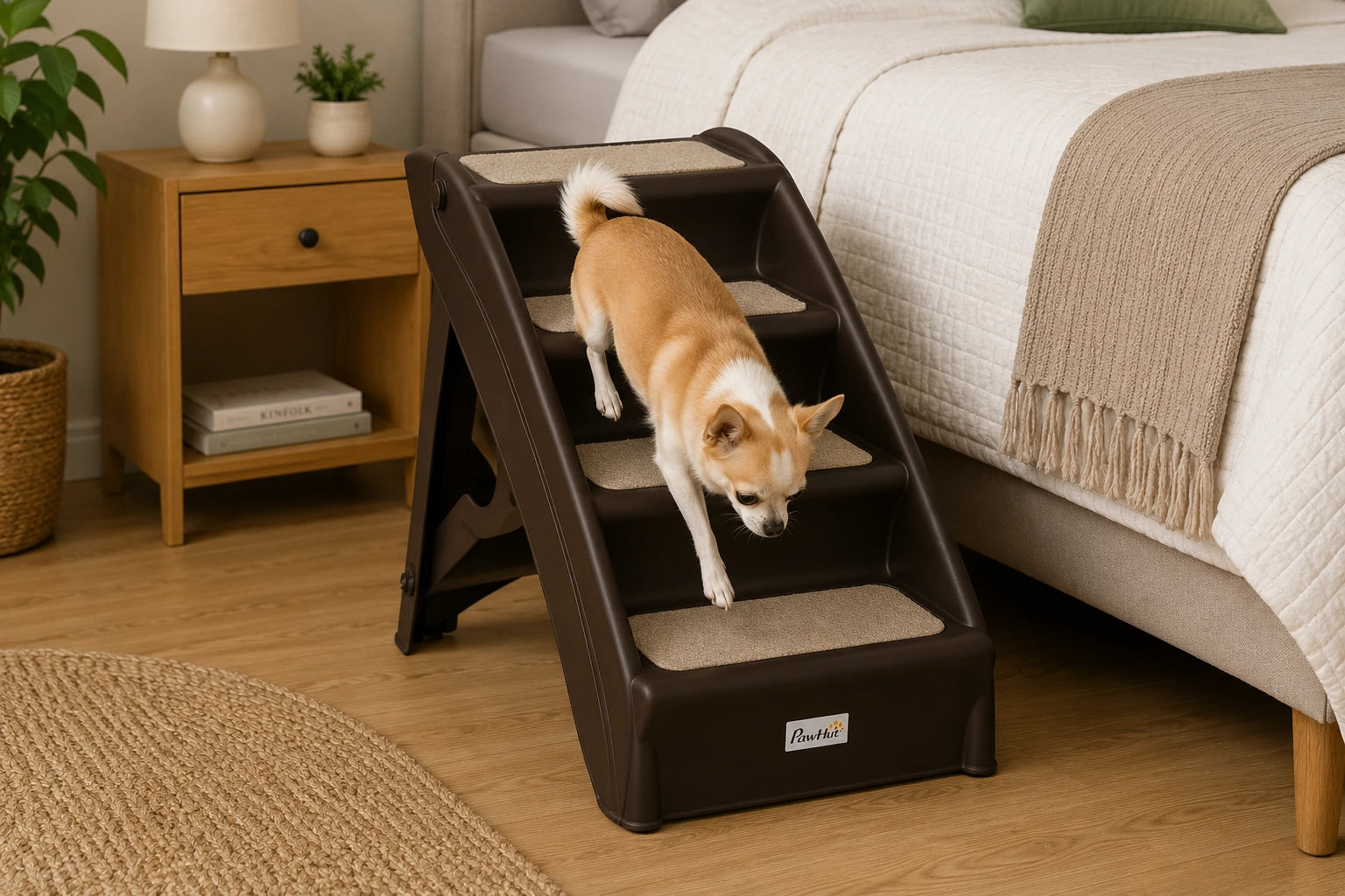 Four-Step Foldable Dog Stairs with Non-Slip Mats – Dark Brown