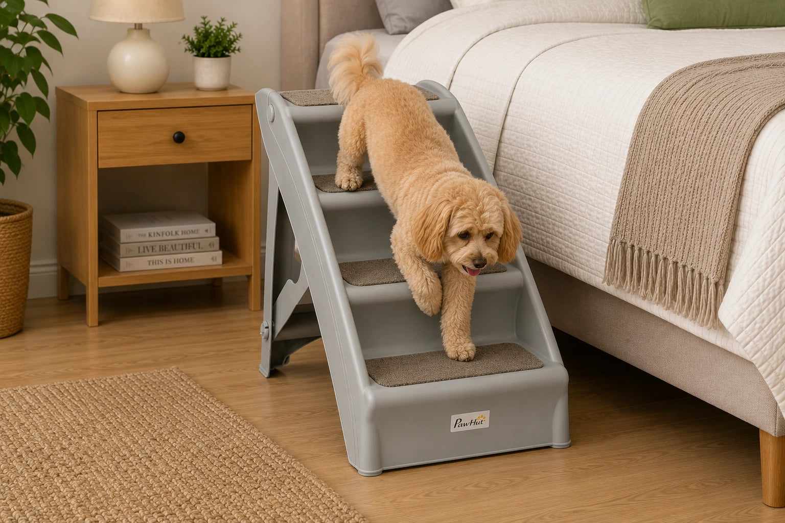 Four-Step Foldable Dog Stairs with Non-Slip Mats – Grey