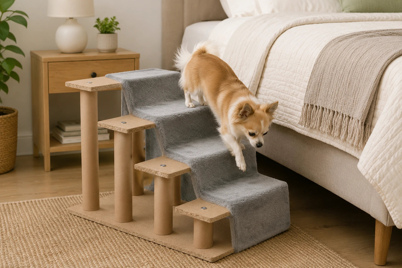 Four-Step Pet Stairs with Washable Plush Cover – Light Grey