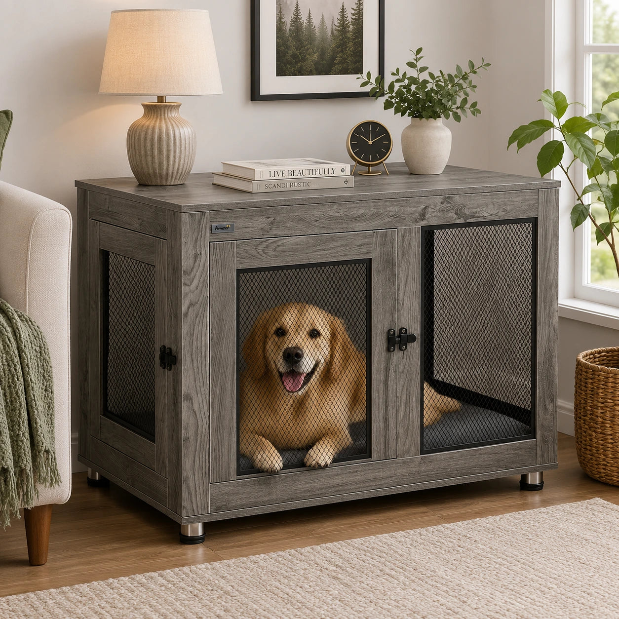 Grey Double-Door Dog Crate Side Table